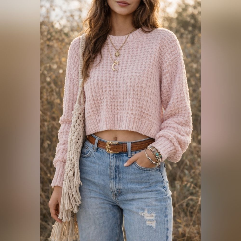 Altar’d State Blush Pink Chenille Textured Slightly Cropped Sweater XXS L/S Ribb